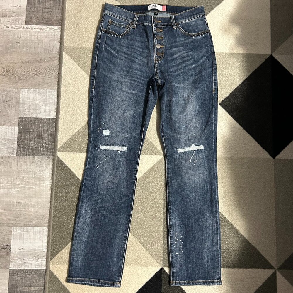 Cabi Exposed BUTTON FLY Distressed Straight Leg Jeans Women's Size 8